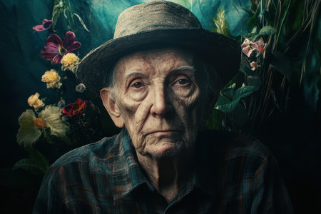 An elderly man wearing a hat gazes thoughtfully while surrounded by colorful flowers and greenery.の素材