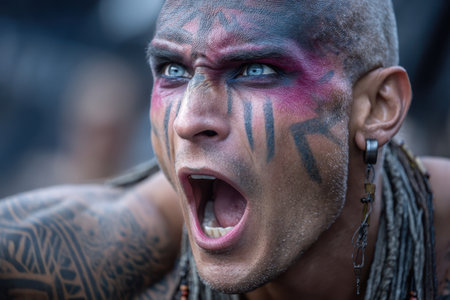 A fierce warrior with striking tattoos yells passionately, showing intense emotion and cultural heritage.の素材