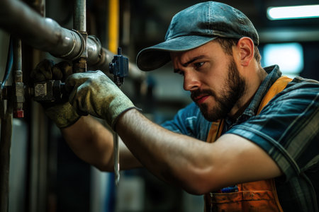 A worker focuses intently on fixing industrial machinery, showing craftsmanship and expertise.の素材