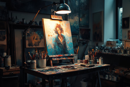 A bright artist's studio displays a colorful portrait on an easel, surrounded by paint brushes and jars.の素材