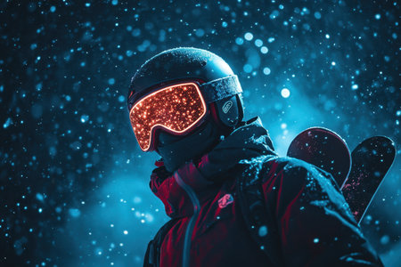 A snowboarder in bright goggles stands among swirling snowflakes, creating a striking contrast.の素材