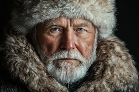 An elderly man with striking blue eyes dressed in a fur hat and coat displays a profound sense of wisdom and dignity.の素材