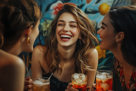 Three friends share drinks and joyful moments, creating lasting memories in a colorful bar setting.の素材