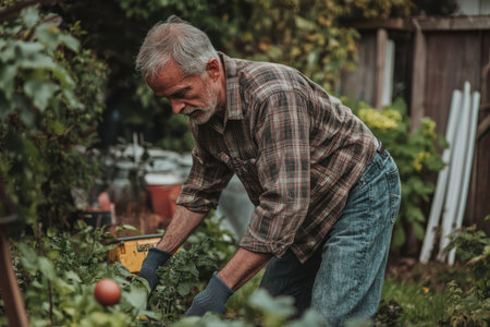 An elderly man works diligently in his vegetable garden surrounded by lush greenery in the afternoon.の素材