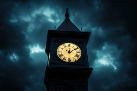 A tall clock tower stands out at night with its bright clock face glowing against a backdrop of gray clouds.の素材