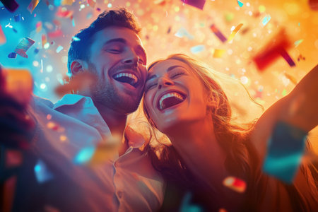 A happy couple enjoys a fun moment surrounded by colorful confetti during a festive celebration at night.の素材