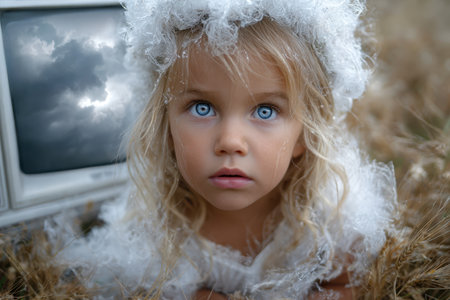 A child with blue eyes gazes towards the camera, surrounded by golden wheat and an old television set.の素材