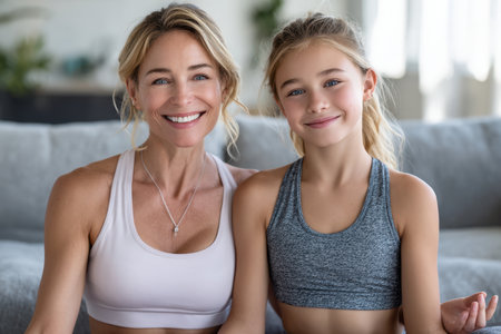 Joyful mother and daughter bond as they practice yoga at home, showing love and wellness lifestyle.の素材