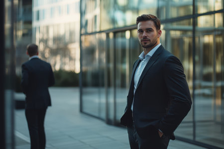 Two men in suits engage in networking outside modern office buildings as the sun sets.の素材