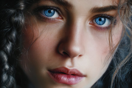 A young woman gazes directly at the camera, showing her stunning blue eyes and intricate braid, evoking emotion.の素材