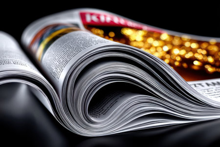 Close view of magazine pages as they lay open, showcasing articles and colorful visuals gently illuminated.の素材
