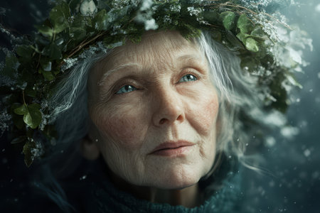 A serene elderly woman adorned with a leafy crown looks up as snow falls softly around her.の素材
