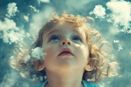 A young child with curly hair looks up at a sky filled with fluffy clouds, radiating joy and curiosity.の素材
