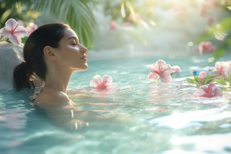 A woman relaxes in a tranquil pool filled with water and blooming flowers, soaking in the calming atmosphere.の素材