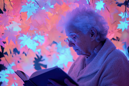 A senior woman enjoys reading a book surrounded by vibrant autumn leaves illuminated softly.の素材