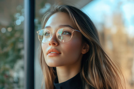 A young woman wearing stylish glasses looks out a window, lost in thought, during a bright afternoon.の素材