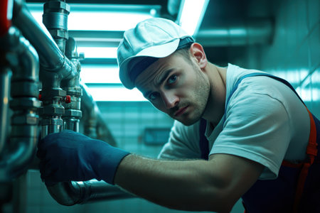 A technician inspects and repairs intricate plumbing systems in a dimly lit industrial space.の素材