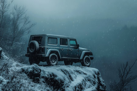 Snow covers the rugged landscape as an off-road vehicle stands at the edge of a cliff in winter.の素材