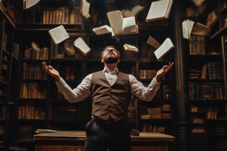 A man in formal attire conjures a magical moment as books float in the air inside an old library.の素材