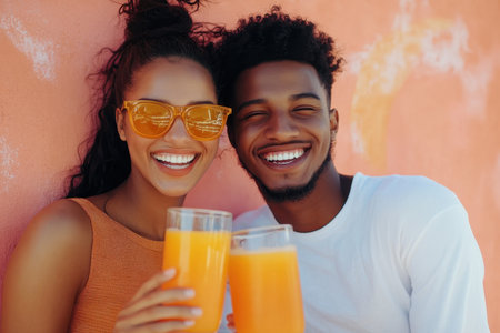 Smiling couple enjoys bright orange beverages while posing outdoors in a cheerful atmosphere.の素材