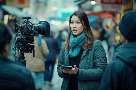 A woman in a warm jacket and scarf conducts interviews on a busy street filled with shoppers.の素材