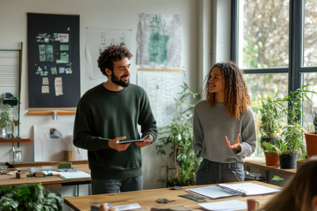 Two colleagues engage in lively conversation while surrounded by greenery in a bright workspace.の素材