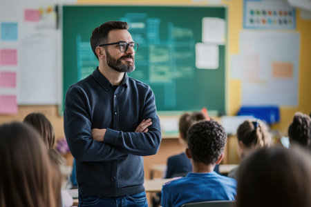 A teacher stands confidently, interacting with students seated at desks in a lively classroom atmosphere.の素材