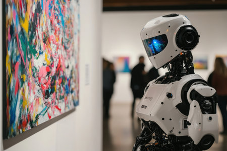 A robot stands in a contemporary art gallery, admiring a vibrant abstract painting while people converse nearby.の素材