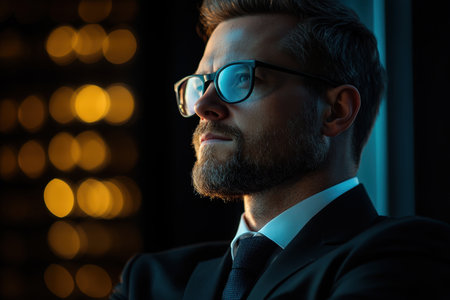 A man in formal attire gazes thoughtfully out of a window, illuminated by urban lights at night.の素材
