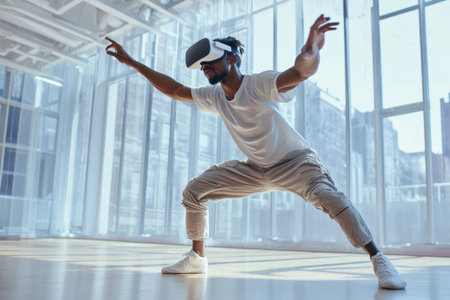 A man is fully immersed in a virtual reality experience, standing in a spacious, well-lit room with large windows.の素材