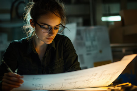 Focused on details, a woman examines technical drawings in a dimly lit workshop late at night.の素材