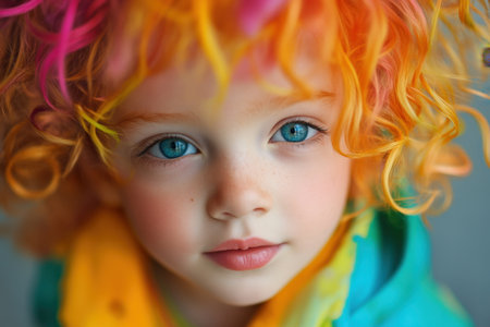 A child with vibrant, multi-colored curly hair and striking blue eyes gazes playfully, showing a lively personality.の素材