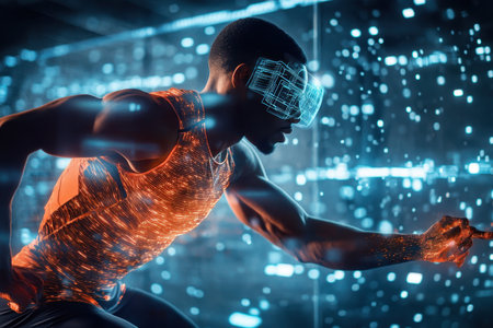 An athlete wearing a virtual reality headset performs a sprinting exercise in a high-tech training environment.の素材