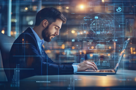 A focused individual engages with a laptop while surrounded by a futuristic digital interface at night.の素材