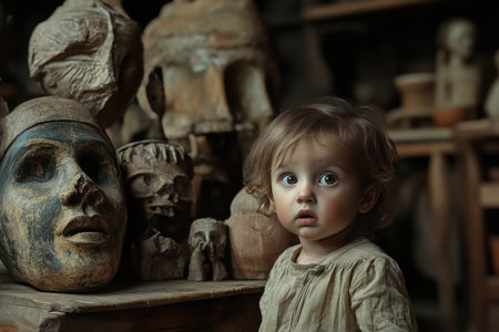 A curious child stands in a workshop surrounded by carved wooden figures and ancient sculptures.の素材