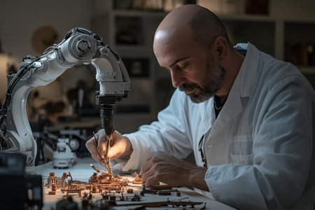 A skilled technician meticulously assembles small components with a robotic arm during a late evening session.の素材