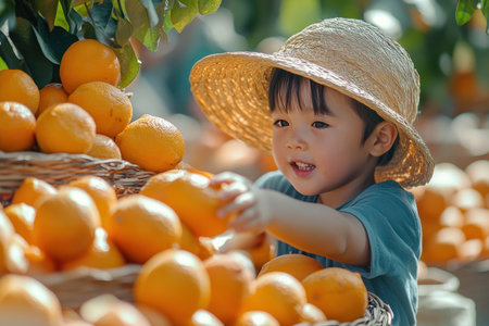 A joyful child reaches for fresh oranges in a vibrant orchard filled with fruit.の素材