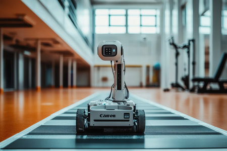 A robot navigates a training track inside a spacious gym filled with workout equipment.の素材