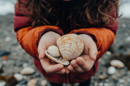 A young child collects beautiful seashells while at the beach enjoying a sunny day by the shore.の素材
