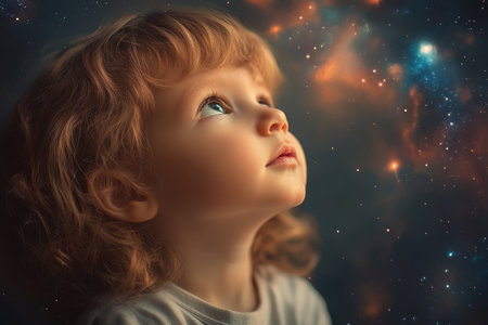 A young child looks upward in wonder, surrounded by a colorful cosmic backdrop filled with stars and galaxies.の素材