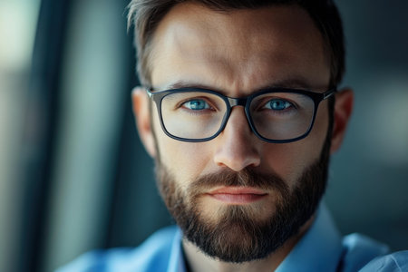 A sharply dressed man with glasses stares intensely at the camera in a modern setting.の素材