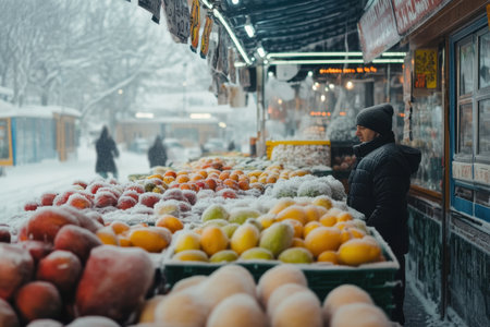 A vendor sells colorful fruits at an outdoor market, surrounded by snow-covered scenery and customers.の素材