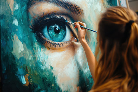 An artist is focused on painting a vibrant blue eye with intricate details in a sunny art studio.の素材