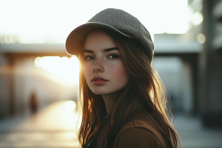 A young woman stands in an urban setting, her has casting shadow as sunlight highlights her features at sunset.の素材