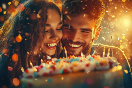 A couple joyfully smiles at each other while celebrating with a colorful cake surrounded by confetti.の素材