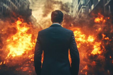 A suited man faces a blazing inferno amidst a devastated urban landscape, showcasing resilience.の素材
