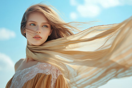 Young woman stands outdoors, her hair and scarf billowing in the wind under a clear sky.の素材