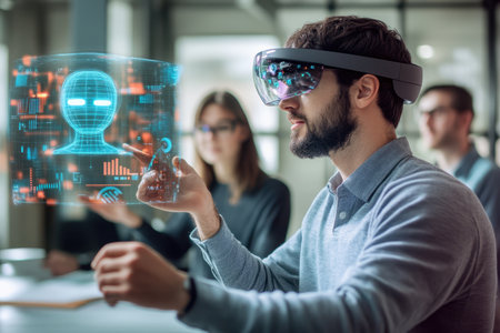 A person engages with a virtual interface while wearing an augmented reality headset in a modern office.の素材