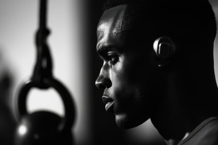 A dedicated athlete concentrates while training in a gym, showing strength and commitment to fitness.の素材