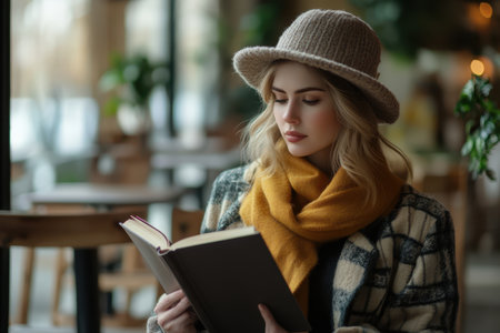 A young woman with long blonde hair enjoys reading a book while seated in a warm cafe, wearing a cozy hat and scarf.の素材